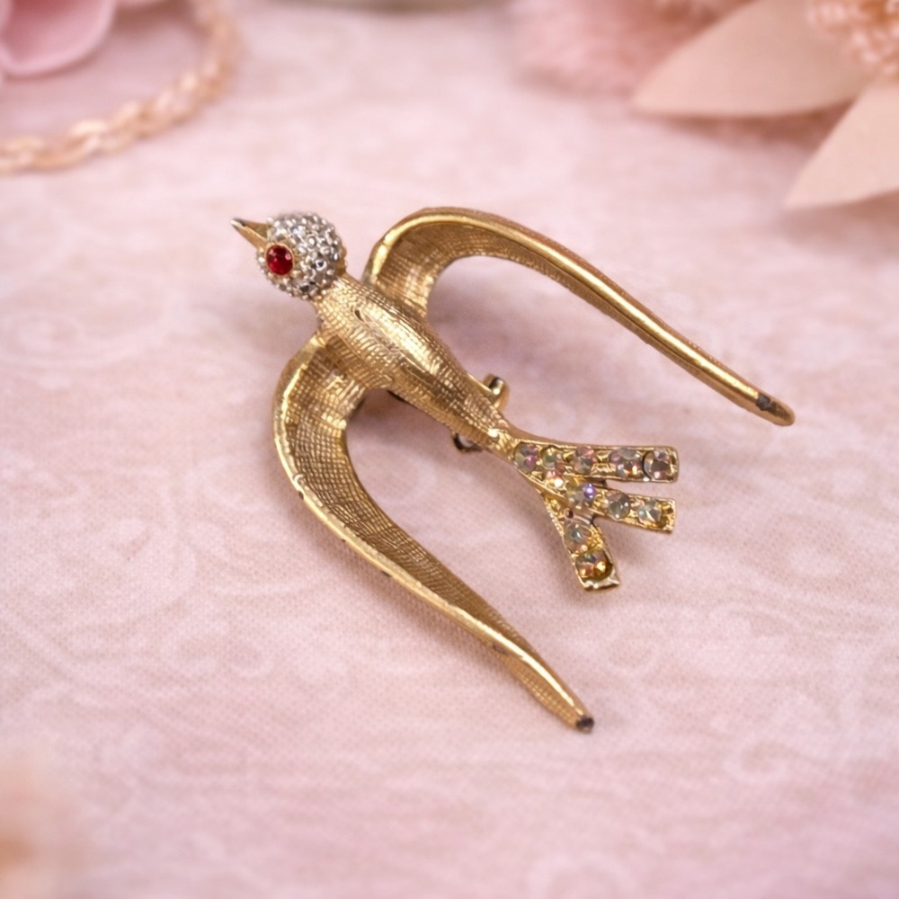 Vintage Rhinestone Bird Wishbone Brooch Gold Tone Figural Pin AB Rhinestone